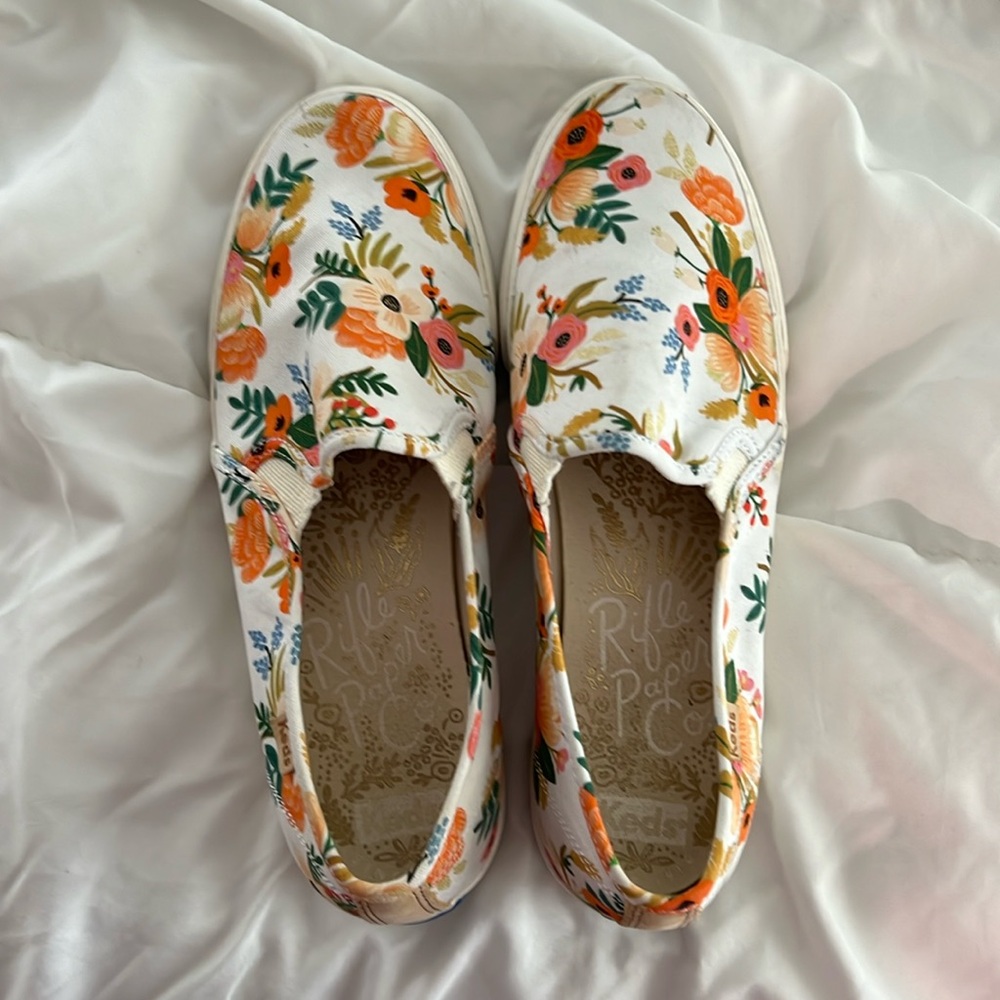 Keds x Rifle Paper Company slip on shoes, size 8.5